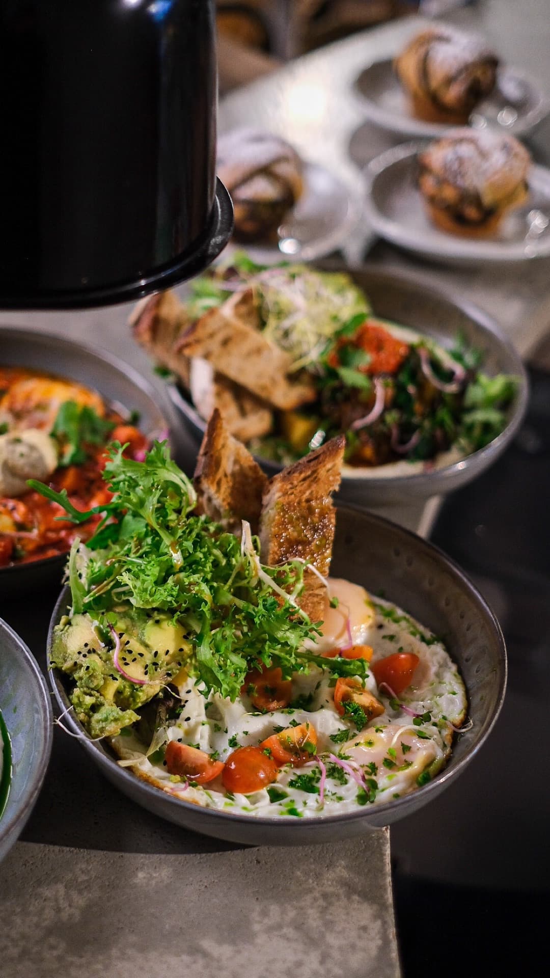 Twisted Turkish breakfast with sunny side up eggs